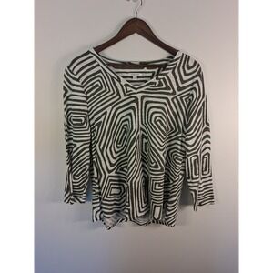 Boho Chico's Geometric Swirl V-Neck Top Womens 2 L Olive Green 3/4 Sleeve Slub